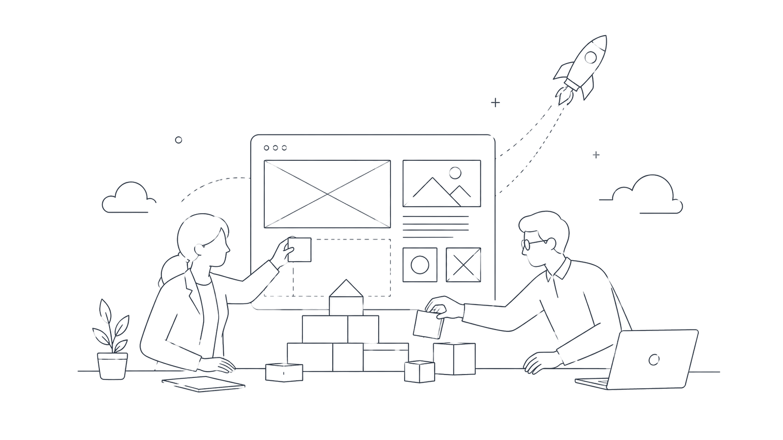 事業と技術の2人がプロダクトを組み立てるイラスト